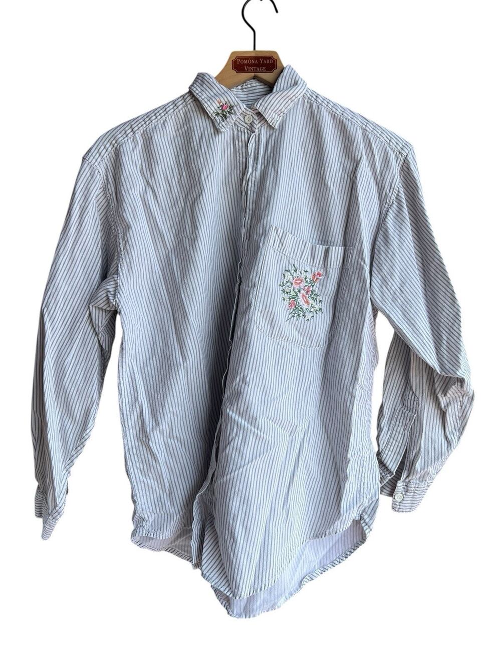 Krazy Kat Women's Vintage Gray Striped Blouse Embroidered Size M 100% Cotton